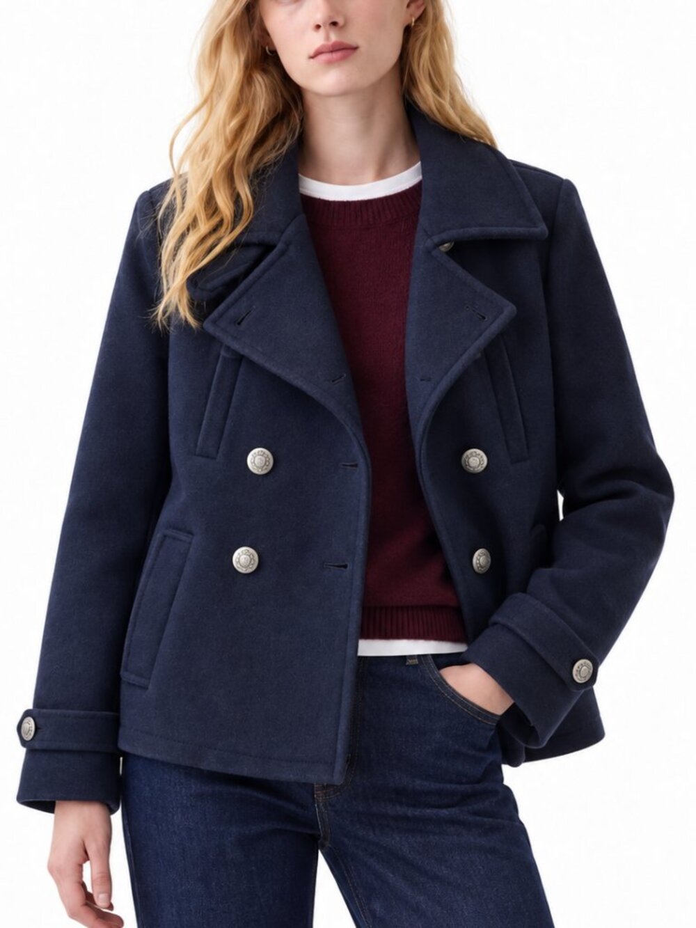 GAP Women's Classic Navy Wool-Blend Double-Breasted Peacoat Winter Coat (Size S)